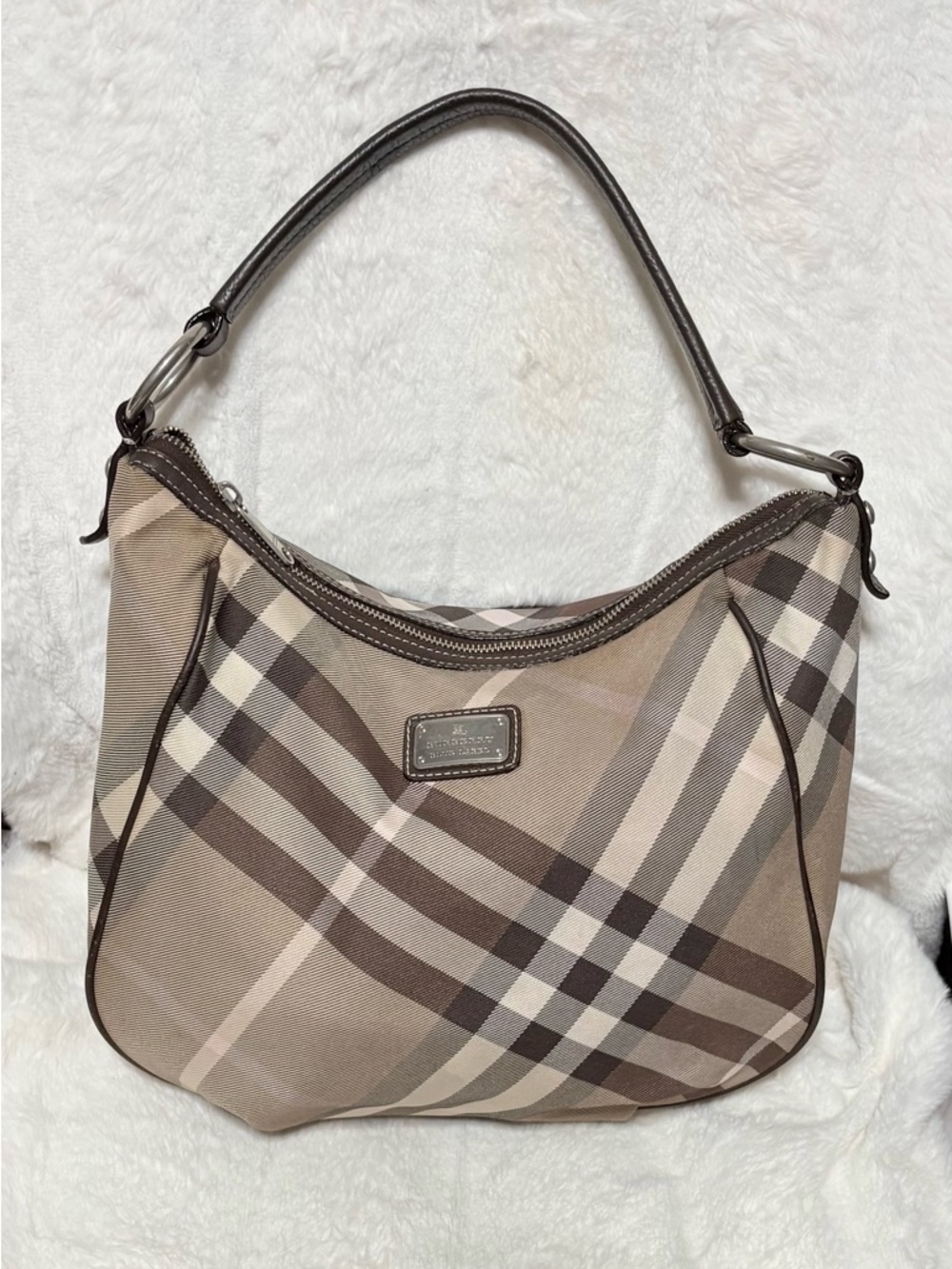 Burberry Taupe and Brown Check Hobo Bag